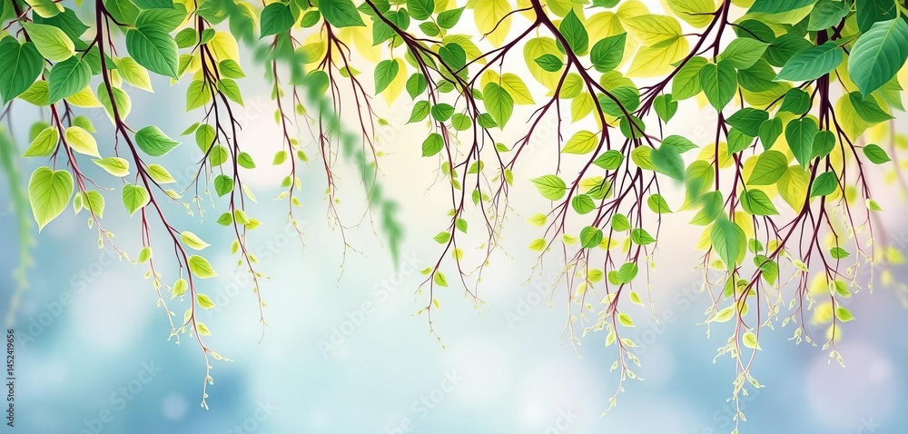 Obraz premium Dreamy watercolor mural wallpaper of vibrant green leaves and delicate downward-stretching branches, illustration, summer