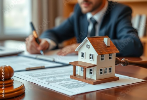 Close-up of contract signing; gavel, house model on desk,  signing,  property law
