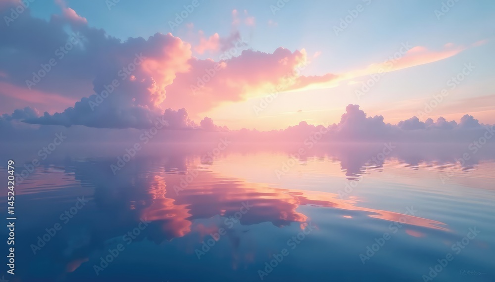 Naklejka premium Subtle gradient sky mirroring water's reflection, illustration, art, photo