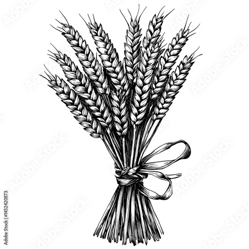 Vintage bundle of wheat, black and white sketch, block print style, old engraving effect, rustic farm illustration, monochrome grunge art, hand drawn plant graphic, harvest vector