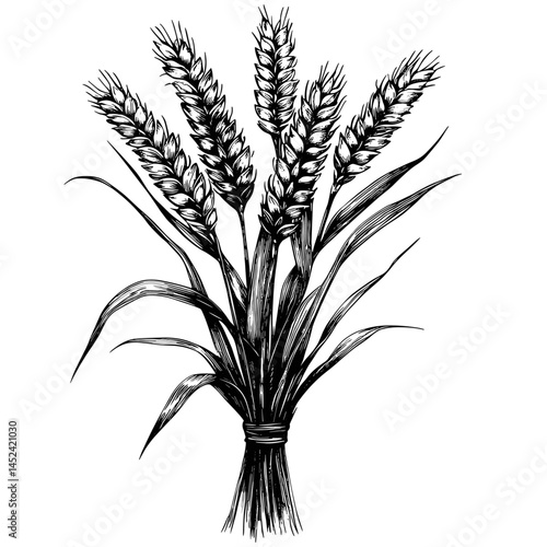 Old engraving wheat bundle, vintage style black sketch, hand drawn grunge print, rustic harvest scene, monochrome botanical artwork, farm vector, block print style