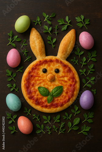 Creative Bunny-Shaped Easter Pizza with Cheese and Vegetables on Black Slate Background Surrounded by Colorful Eggs and Green Leaves – Fun Holiday Food for Kids and Festive Celebrations