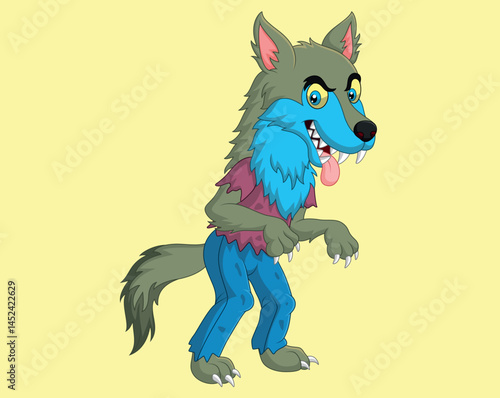 Cartoon angry werewolf isolated on yellow background vector illustration