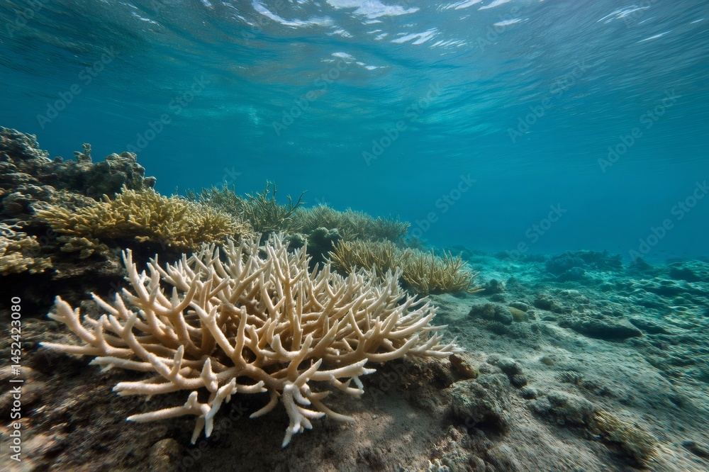 Bleached coral reef is slowly dying from rising ocean temperatures and acidification, causing devastating effects on marine wildlife Bleached coral reef is slowly dying from rising ocean temperatures and acidification, causing devastating effects on marine wildlife