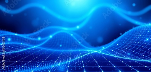Digital blue abstract background; sparkling wave particles form lines, surfaces, and grids in deep depths,  vibrant,  backdrop