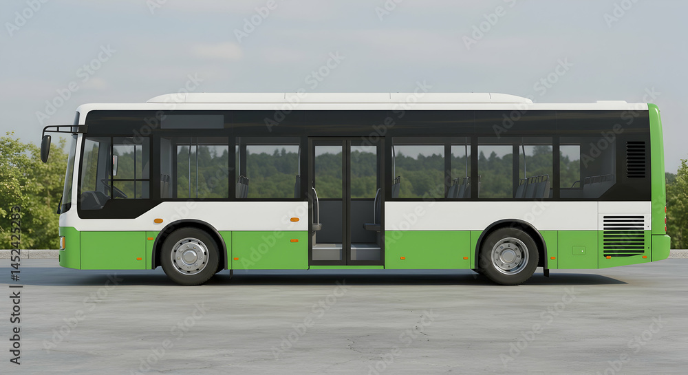 Modern Green and White City Bus in Urban Environment Modern Green and White City Bus in Urban Environment