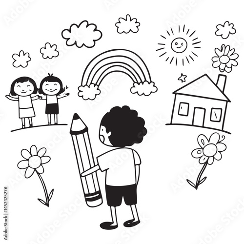 Kid crayon chalk line cloud, flower children sticker set. Hand drawn crayon doodle sketch childish cute element set. 