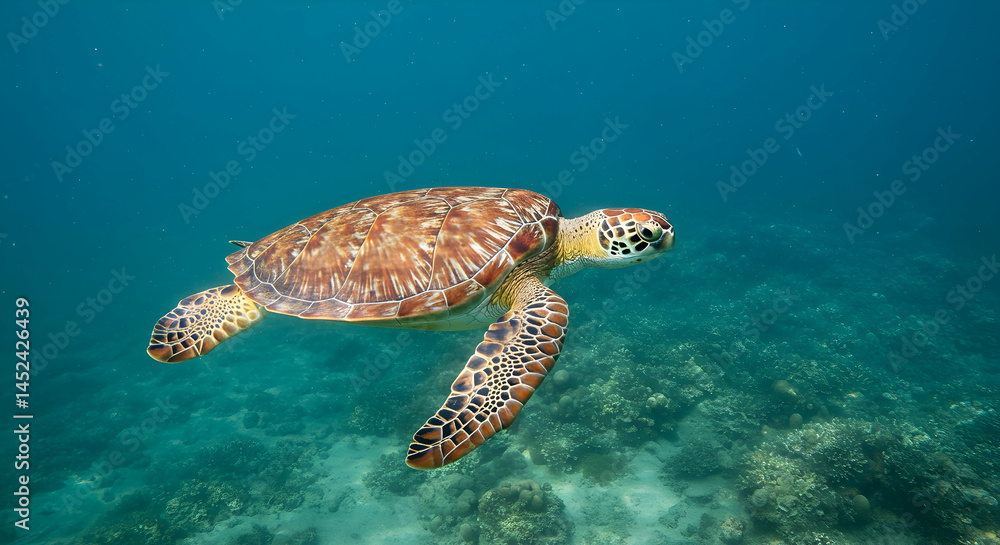 Fototapeta premium Graceful Sea Turtle Swimming in Clear Tropical Ocean Waters