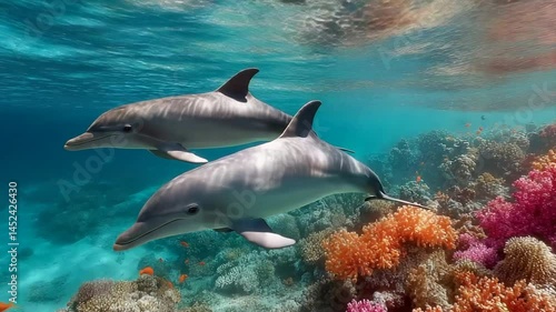 Wallpaper Mural Two dolphins swimming among vibrant coral reefs Torontodigital.ca