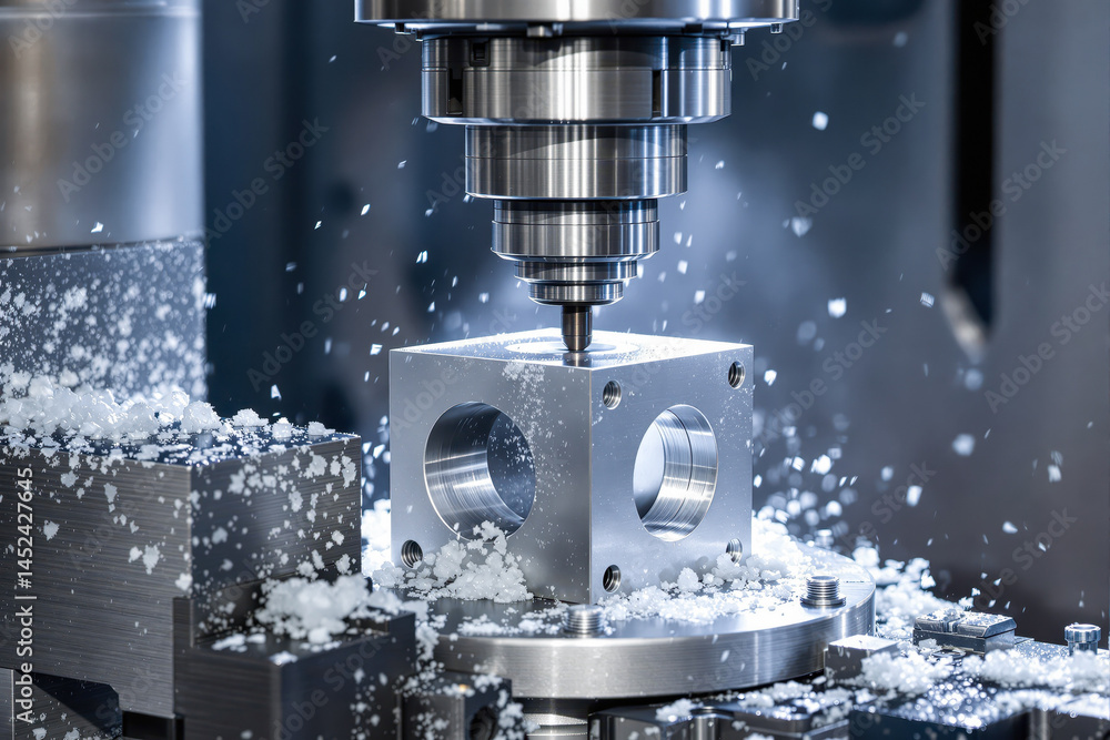 cnc milling machine precisely cutting a metallic cube cnc milling machine precisely cutting a metallic cube