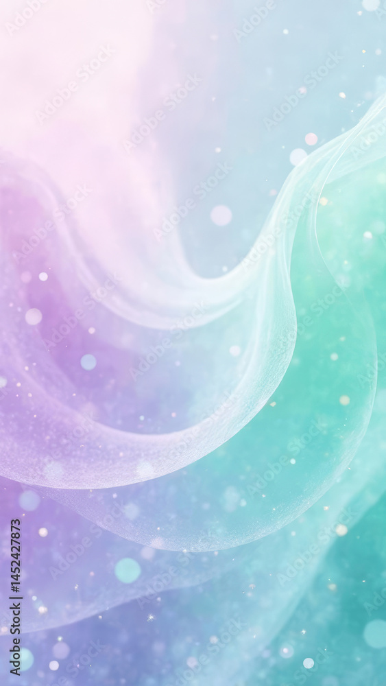 A dreamy abstract background featuring soft lavender and mint green swirls, enhanced with subtle sparkles that bring depth and interest, copy space