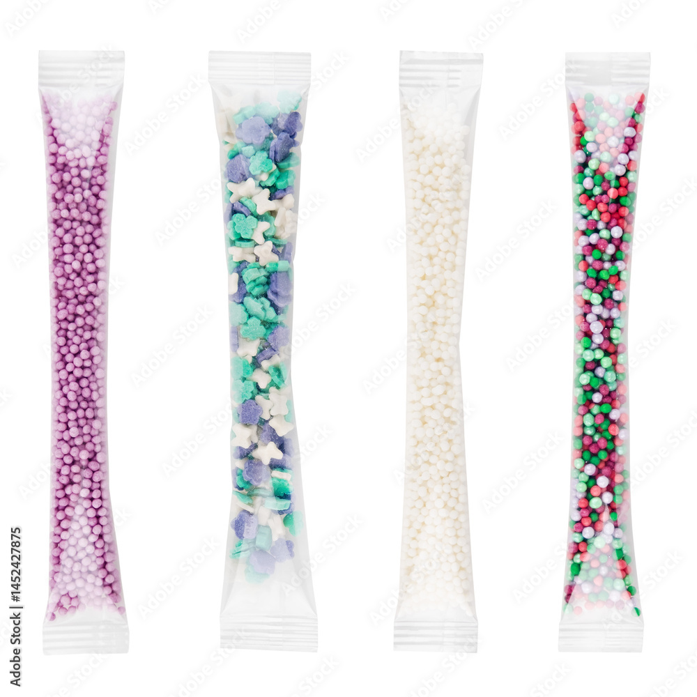 Set of bright colored baking sprinkles in transparent packaging isolated Set of bright colored baking sprinkles in transparent packaging isolated