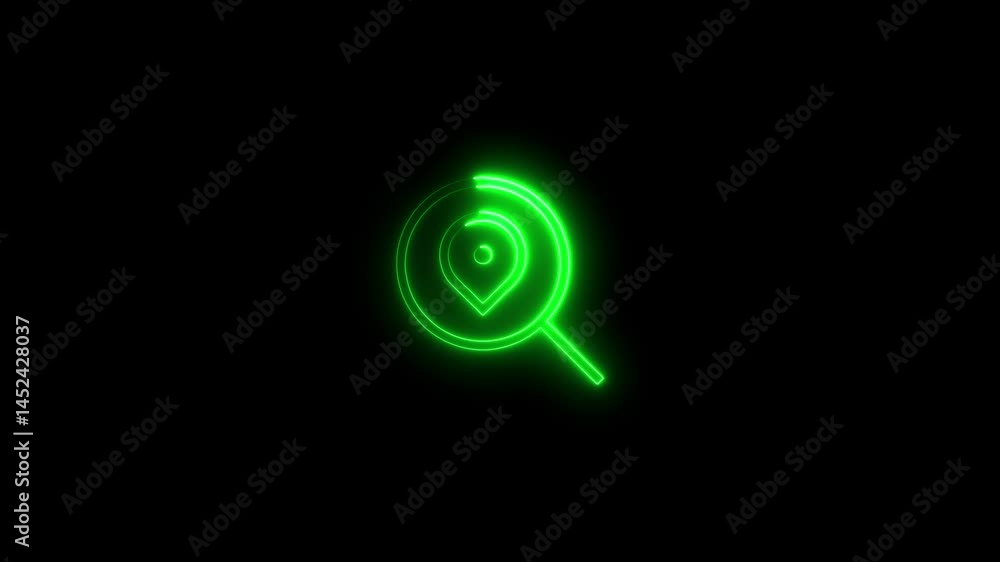 Green neon glowing location pin icon animation on black background Green neon glowing location pin icon animation on black background