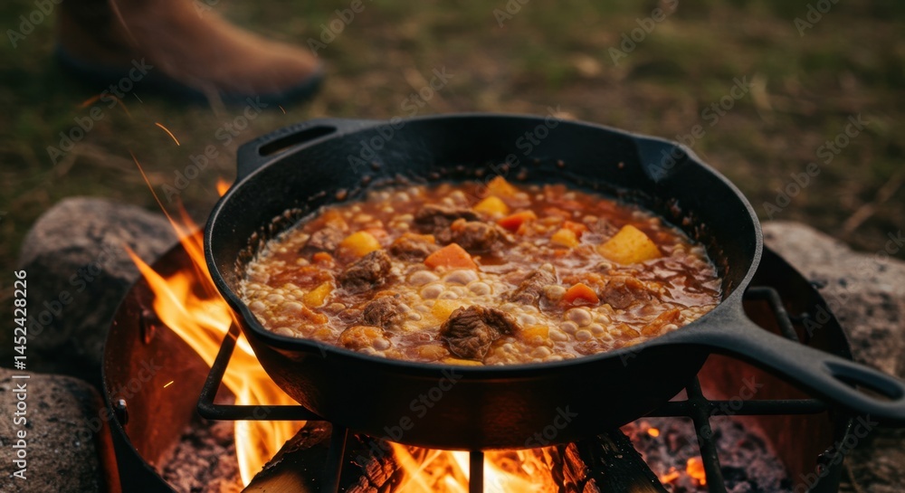 cooking in a frying pan over a campfire cooking in a frying pan over a campfire