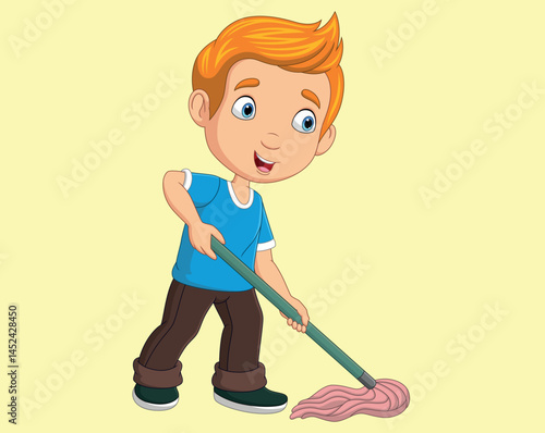 Cartoon little boy mopping the floor vector illustration