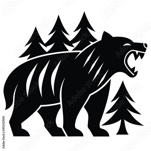 Roaring Bear in the Forest Black and White Illustration