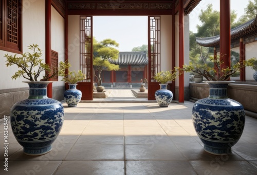 Fototapeta Naklejka Na Ścianę i Meble -  There are three vases with plants inside one courtyard