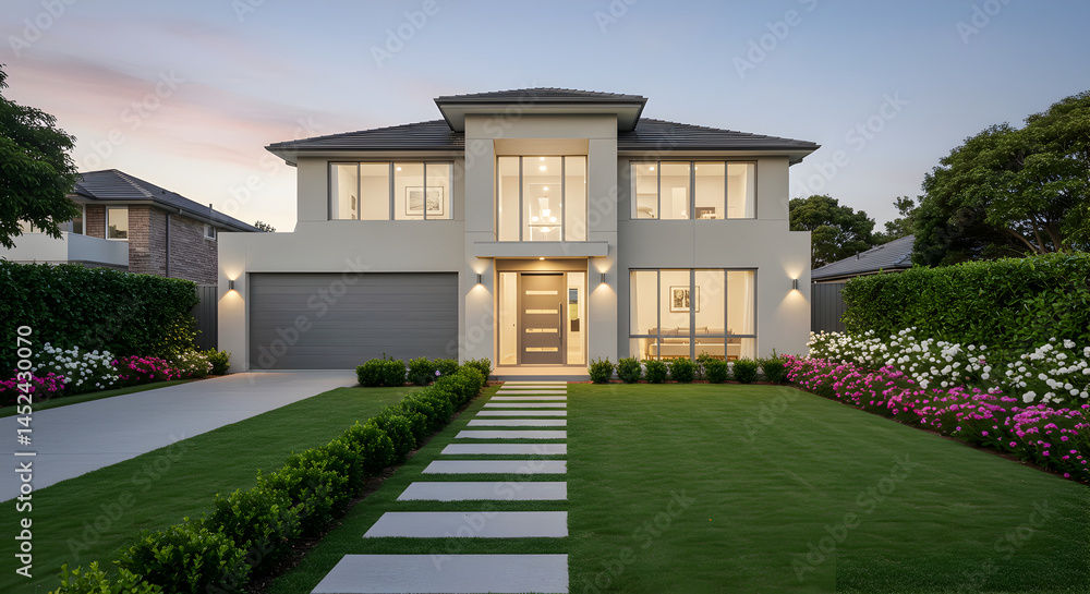 Elegant Two Story Modern House with Landscaped Yard at Twilight Elegant Two Story Modern House with Landscaped Yard at Twilight