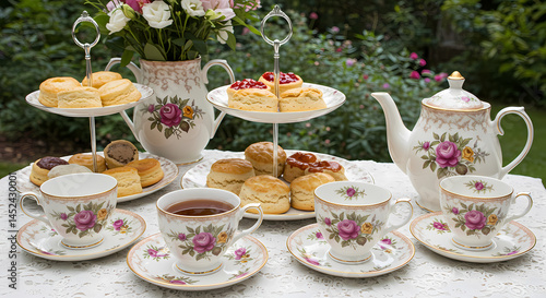 Elegant Afternoon Tea Party: Rose Pattern Tea Set & Delectable Treats