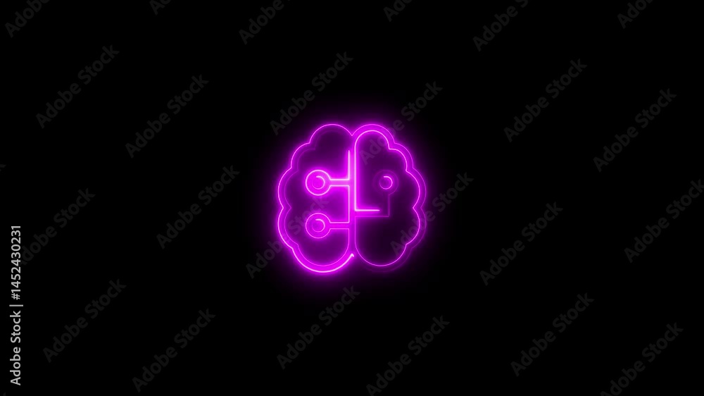 Glowing neon brain artificial intelligence symbol against black background Glowing neon brain artificial intelligence symbol against black background