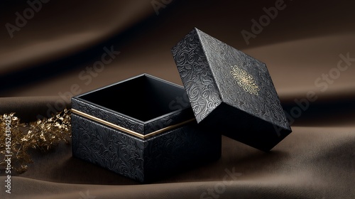 Wallpaper Mural Elegant black packaging luxury box mockup with open lid on dark background premium product presentation in moody lighting Torontodigital.ca