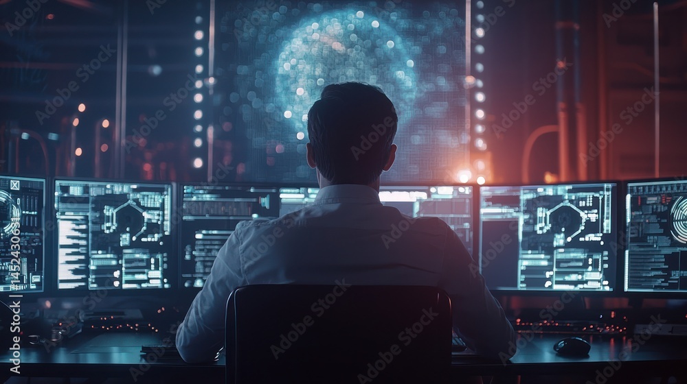cybernetic system administrator monitoring system health, dynamic troubleshooting tools, glowing data security interface cybernetic system administrator monitoring system health, dynamic troubleshooting tools, glowing data security interface