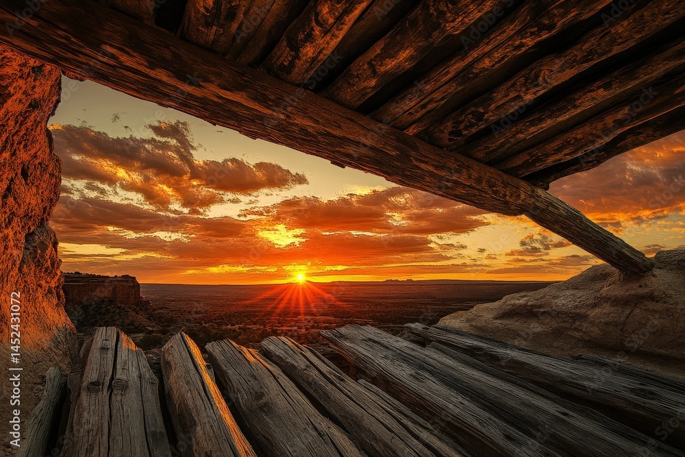 Fototapeta premium A scenic sunset view through rustic wooden beams.