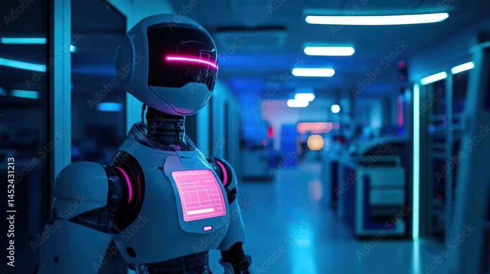 robotic health and safety officer overseeing safety protocols, intelligent risk detection, glowing workplace safety tools robotic health and safety officer overseeing safety protocols, intelligent risk detection, glowing workplace safety tools