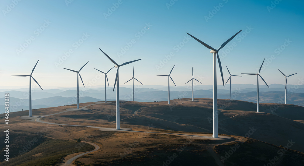 Obraz premium Expansive Wind Turbines on Rolling Hills under Clear Blue Sky