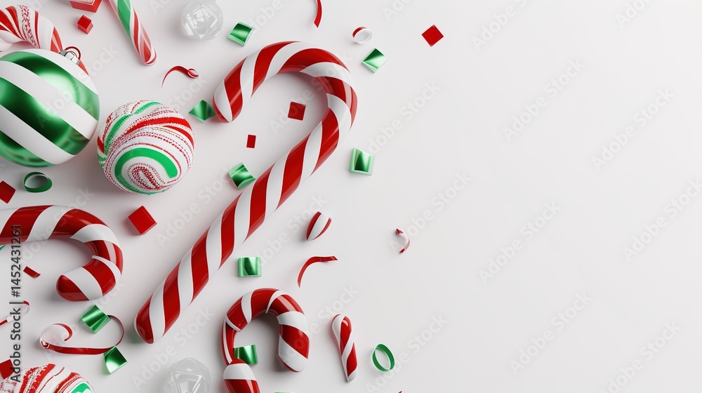 Obraz premium Red, green, and white Christmas candy canes standing alone on a clean white background, representing the festive Christmas spirit and the sweet essence of the holiday season. The bright colors of the 
