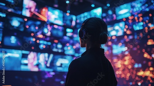 intelligent event coordinator using AI for real-time event coordination, immersive experience design, glowing logistical interface