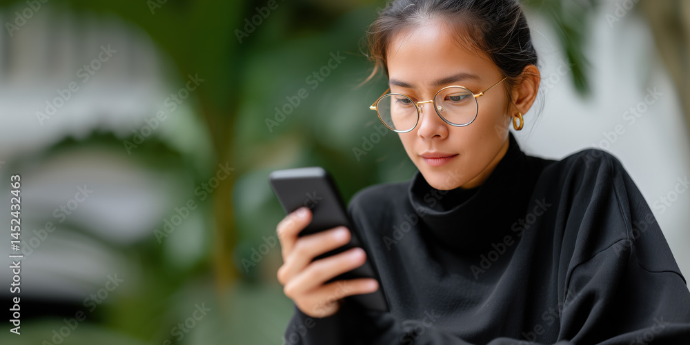 Fototapeta premium Asian woman with glasses using smartphone, focused expression, casual black sweater