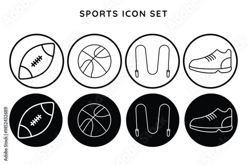 Sports icon set of basketball, football, skipping rope and shoes for fitness activity vector illustration in minimal outline style.
