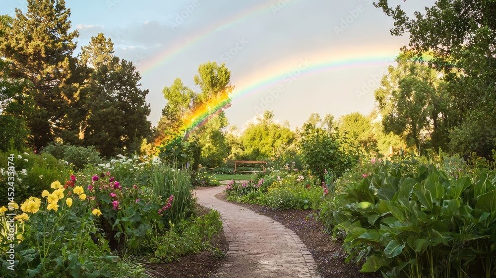 Fototapeta premium A bright double rainbow in a clear sky