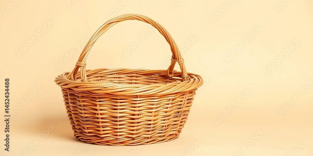 Empty woven wicker basket on a creamy backdrop, spring, basket Empty woven wicker basket on a creamy backdrop, spring, basket