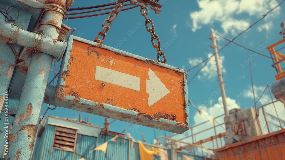Fototapeta premium Weathered Direction Sign on Chain Against a Bright Sky Background