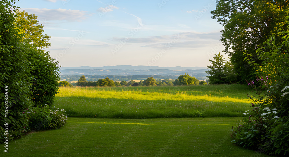 Fototapeta premium Peaceful Countryside Vista with Lush Greenery Under Gentle Sky