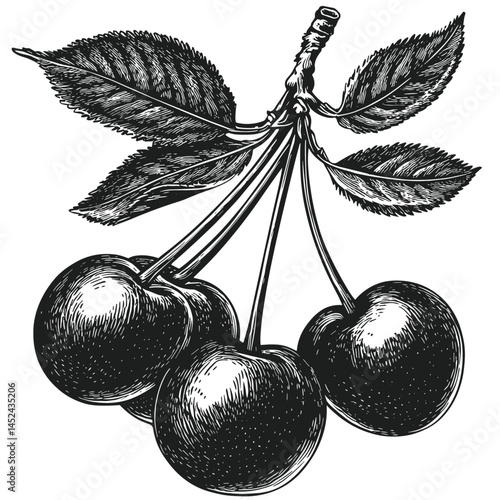 Vintage cherries with leaf, woodcut engraving, black sketch illustration, hand drawn fruit art, retro fruit print, botanical vintage style, cherry branch line drawing, old ink artwork