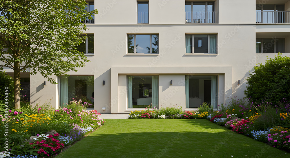 Elegant Apartment Building With Lush Green Lawn And Blooming Flowerbeds Elegant Apartment Building With Lush Green Lawn And Blooming Flowerbeds