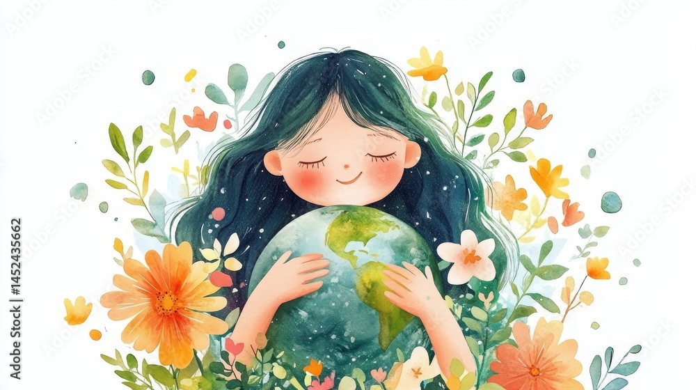 Child Embracing Earth - A young girl lovingly holds the Earth, surrounded by vibrant flowers, symbolizing environmental care and global harmony Child Embracing Earth - A young girl lovingly holds the Earth, surrounded by vibrant flowers, symbolizing environmental care and global harmony