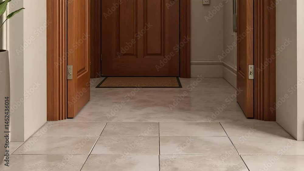 Elegant Beige Tile Flooring in a Modern Entryway with Wooden Door Elegant Beige Tile Flooring in a Modern Entryway with Wooden Door