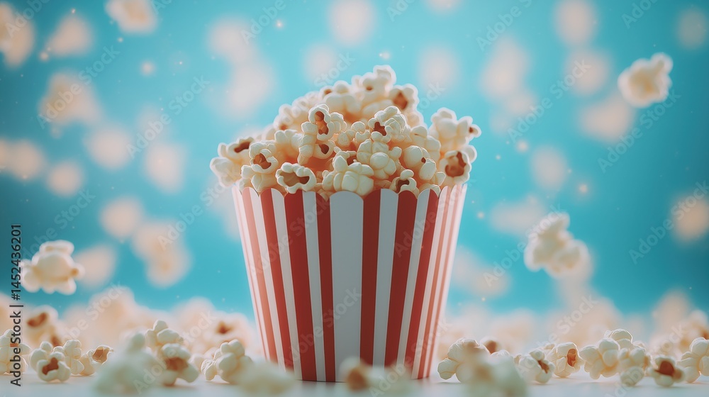 Fresh popcorn showers into a red-and-white striped cup, creating a dynamic scene against a cool blue, festive background. Fresh popcorn showers into a red-and-white striped cup, creating a dynamic scene against a cool blue, festive background.