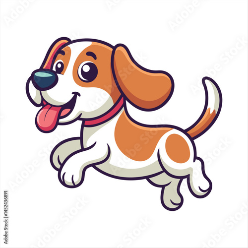Cartoon beagle puppy, cute dog illustration, big eyes, floppy ears, pink tongue out, playful pose, white and brown fur, red collar, simple background, 