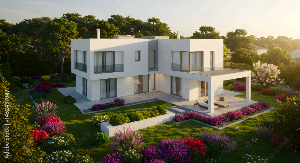 Fototapeta premium Modern Residence With Lush Greenery Exterior On Serene Day