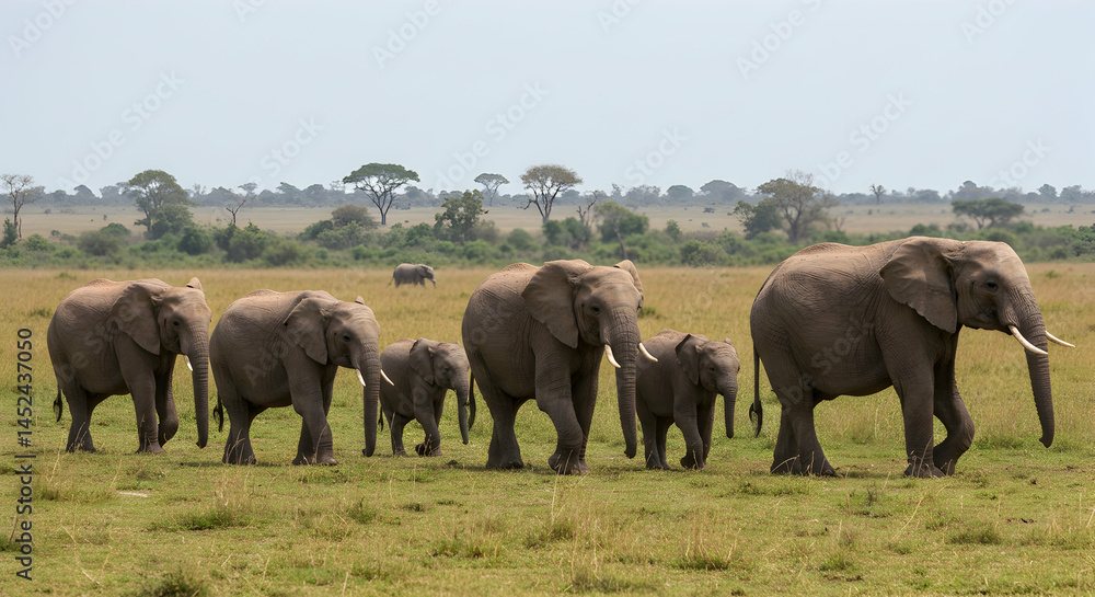 Fototapeta premium Elephants Walking Across Open Savanna Landscape in Natural Habitat