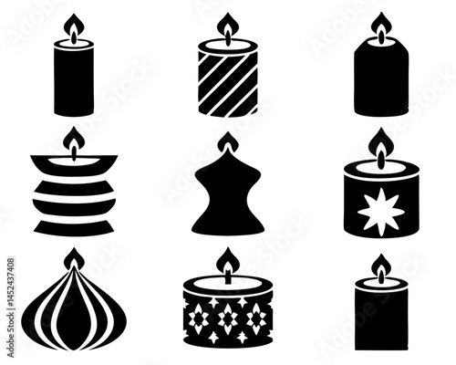 Candle Silhouette Icon Set – 9 Decorative Flame Vectors illustration