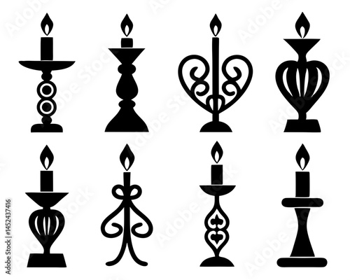 Candle Silhouette Icon Set – 9 Decorative Flame Vectors illustration