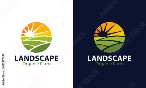 Farmland landscape logo design. Abstract Farm food badge vector design with Sun graphic icon symbol