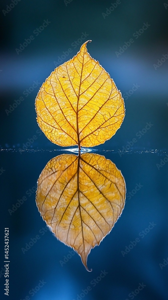 Golden leaf reflected on water Golden leaf reflected on water