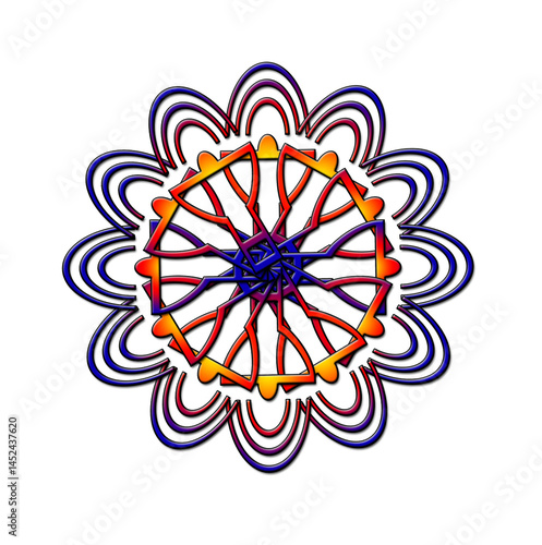 A vibrant and glowing abstract spirograph design resembling a mandala, featuring intertwined loops and curves in shades of blue, red, orange, and yellow. The intricate pattern stands out against a bla